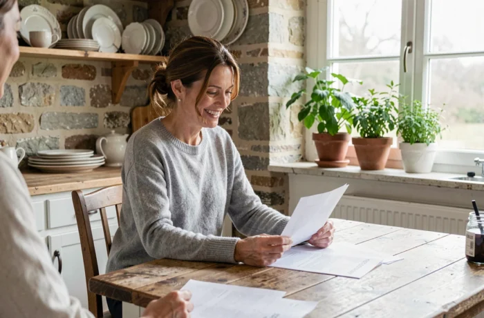 Femme épanouie dans sa maison de campagne française, assise à une table en bois rustique dans une cuisine authentique, illustrant la vie personnelle et intime d'une figure publique