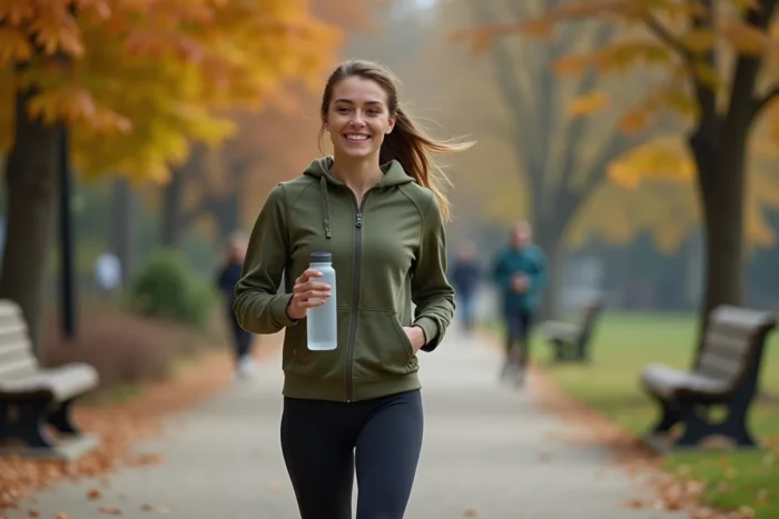 Femme faisant une marche matinale dans un parc pour stimuler le métabolisme et couper l'appétit naturellement