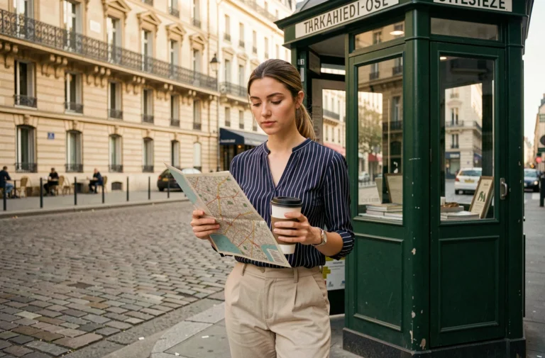 Jeune femme parisienne tenant un plan de Paris près d'un kiosque vert typique sur un trottoir pavé