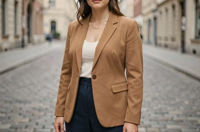 Femme en forme de poire portant un blazer structuré camel et un pantalon large marine, tenue valorisant les épaules et la poitrine dans une rue européenne
