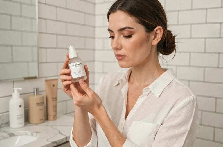 Femme examinant un produit de soin minimaliste de la marque Typology dans une salle de bain moderne aux tons neutres