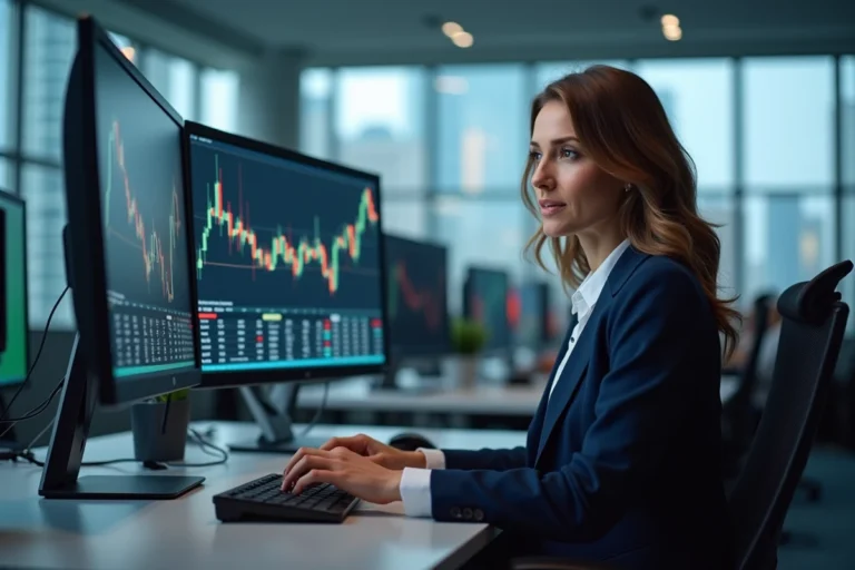 Femme professionnelle consultant des tableaux de bord financiers en temps réel sur plusieurs écrans dans un bureau moderne