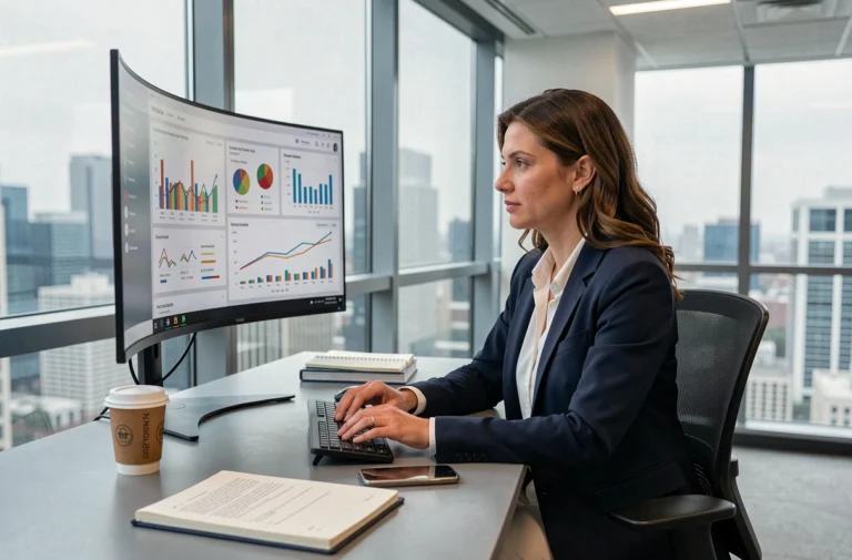 Femme professionnelle travaillant sur des tableaux de bord analytiques pour développer son business en ligne dans un bureau moderne