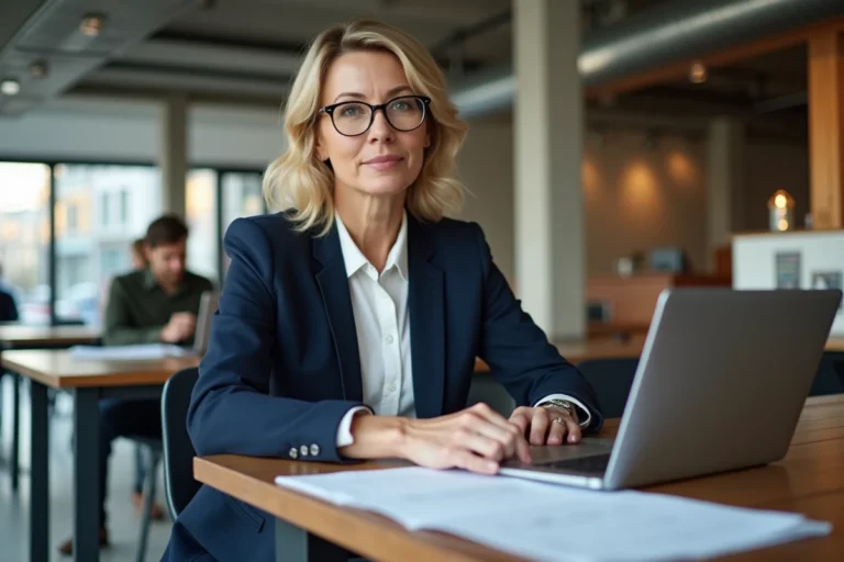 Femme professionnelle travaillant dans un espace de coworking moderne à Rennes, illustrant les services aux entreprises de Rennes 17h20