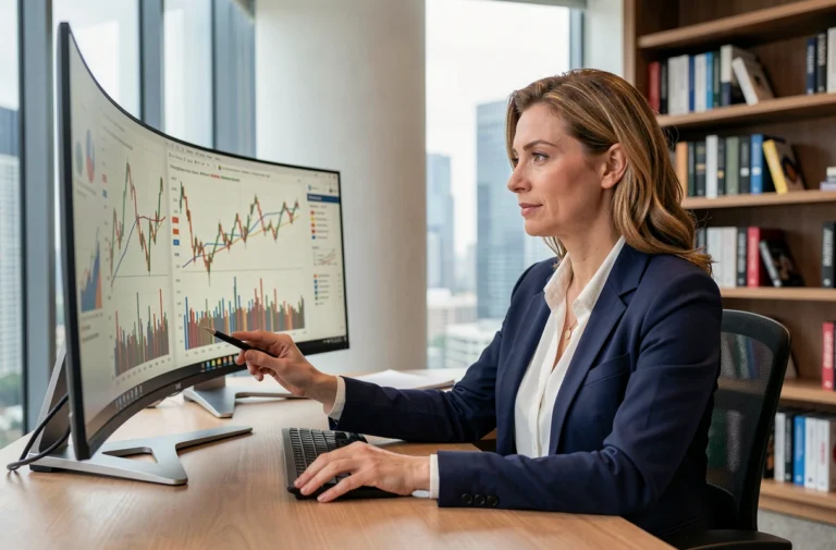 Femme professionnelle analysant des graphiques financiers en ligne sur un grand écran incurvé dans un bureau moderne