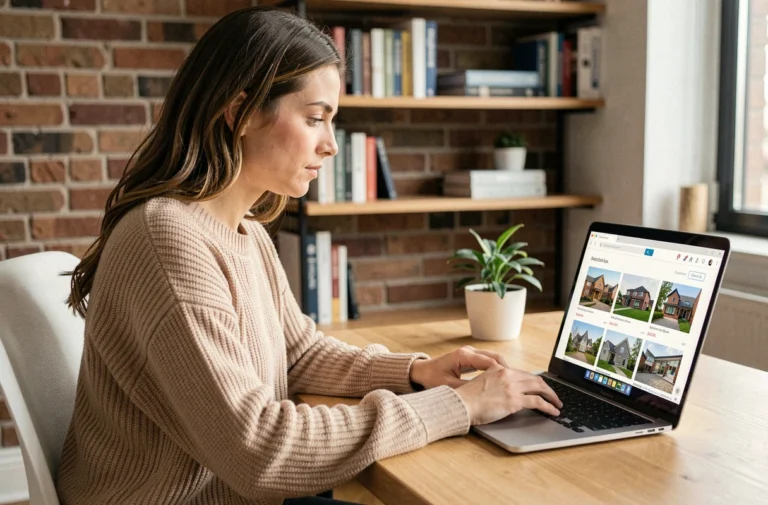 Femme comparant des biens immobiliers sur une plateforme en ligne depuis son bureau à domicile