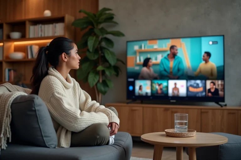 Jeune femme regardant la plateforme de streaming Wookafr TV sur un grand écran de télévision dans un salon moderne et cosy