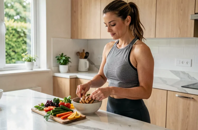 Femme préparant un repas équilibré avec des légumes frais et du poulet grillé dans une cuisine moderne pour perdre du poids sainement