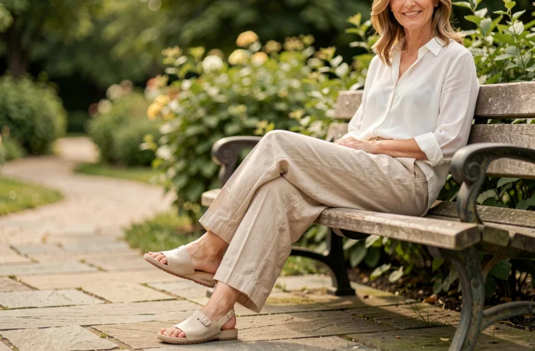 Femme portant des sandales Dr Scholl confortables assise sur un banc en bois dans un parc verdoyant, pieds bien soutenus sur un chemin en pierre