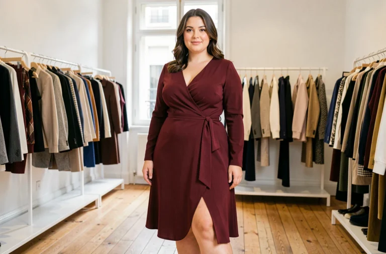 Femme avec une silhouette en forme de poire portant une robe portefeuille bordeaux dans une boutique parisienne, valorisant la poitrine et les épaules