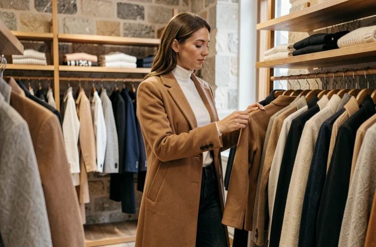 Femme stylée en manteau camel feuilletant des vêtements dans une boutique de mode parisienne moderne