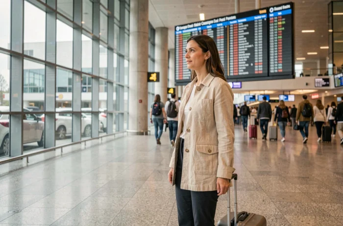Femme voyageuse en veste lin beige observant le tableau des départs dans un aéroport international moderne