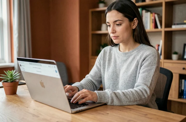 Femme utilisant le webmail de Créteil sur son ordinateur portable dans un bureau à domicile