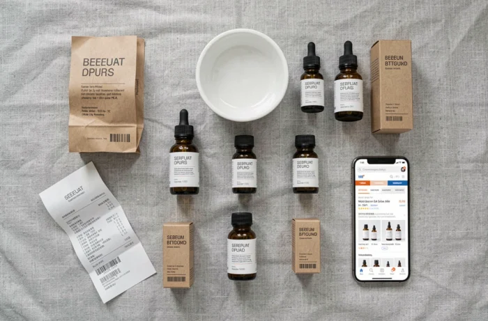 Flat lay minimaliste de produits de soin en flacons ambrés commandés en ligne, évoquant la distribution directe au consommateur de Typology