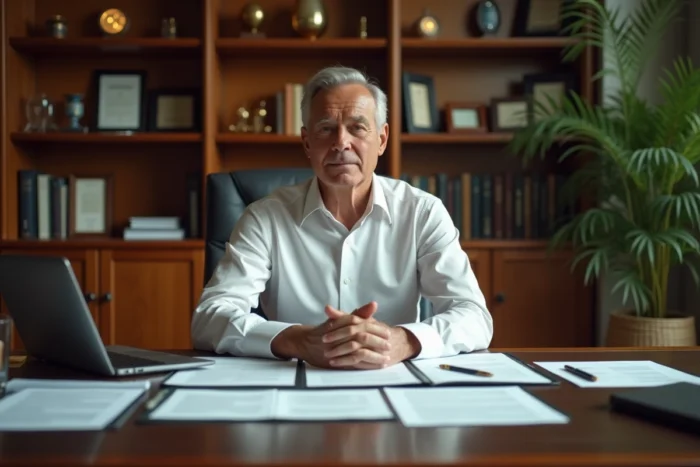 Dirigeant de l'industrie du divertissement assis à son bureau avec documents financiers et récompenses, illustrant une carrière couronnée de succès