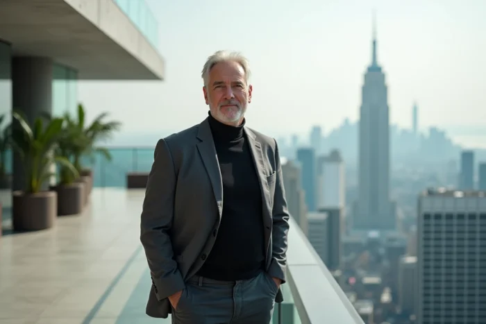 Portrait éditorial d'un homme d'affaires prospère sur une terrasse de gratte-ciel avec vue panoramique sur la ville, symbolisant la réussite financière