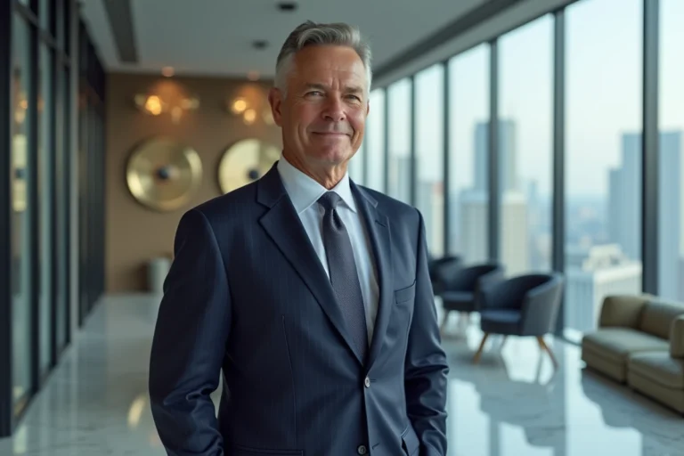 Homme d'affaires prospère en costume bleu marine dans un bureau moderne avec disques d'or au mur, symbole de succès dans l'industrie musicale