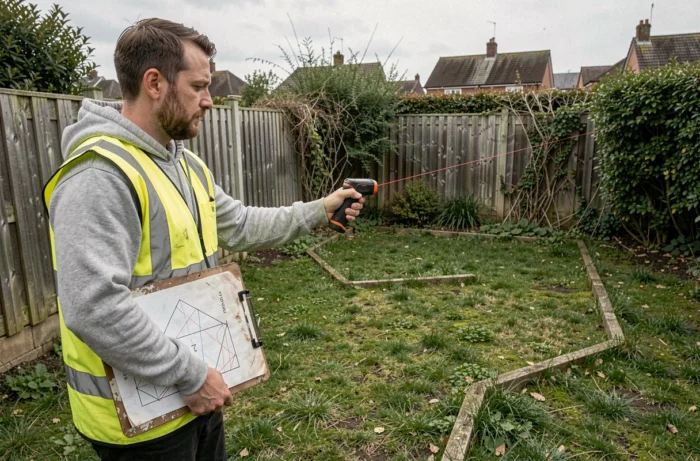 Géomètre mesurant les côtés d'un terrain irrégulier en extérieur avec un télémètre laser
