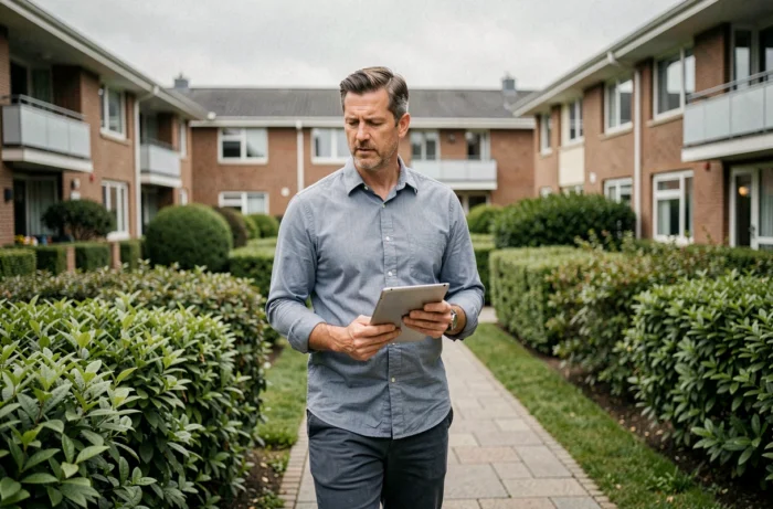 Gestionnaire immobilier inspectant une résidence en copropriété bien entretenue, symbolisant la fiabilité d'une société de logement pour particuliers