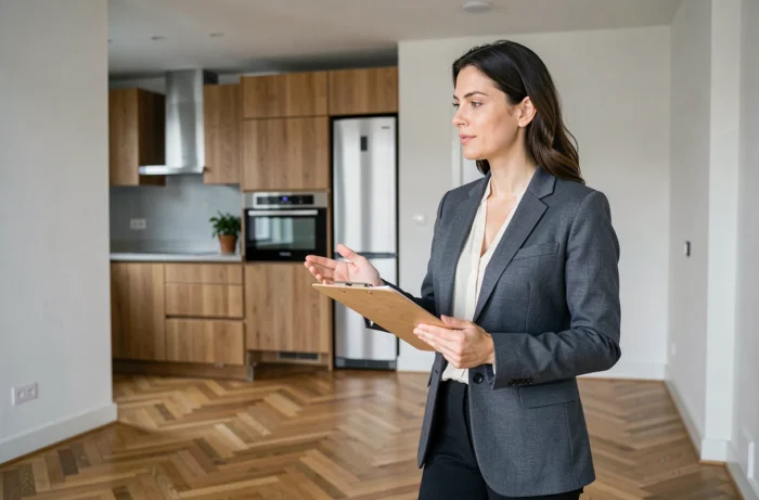 Gestionnaire immobilière inspectant un studio meublé prêt à la location à Lyon