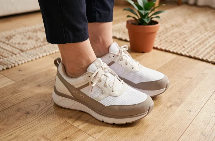 Gros plan de chaussures Dr Scholl pour femme vues de dessus sur un parquet en bois clair, détails de la semelle intérieure et de la tige en mesh bien visibles
