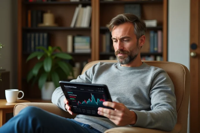 Homme d'âge mûr consultant l'actualité des marchés financiers sur une tablette depuis son bureau à domicile