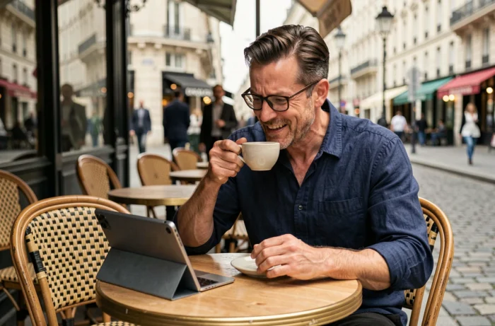 Homme d'une quarantaine d'années consultant une tablette avec une expression amusée dans un café parisien en plein air, regardant des tendances buzz internet