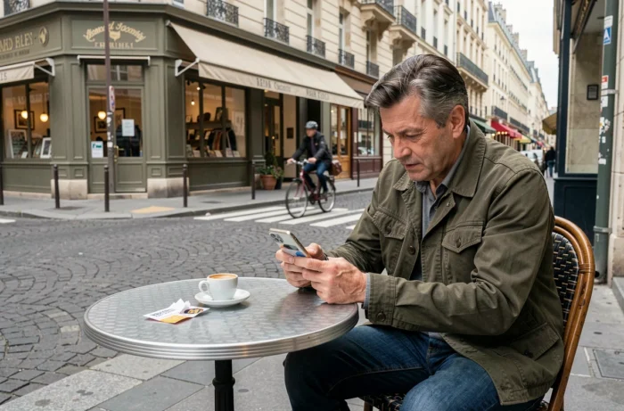 Homme consultant son téléphone en terrasse d'un café parisien avec un ticket de métro sur la table