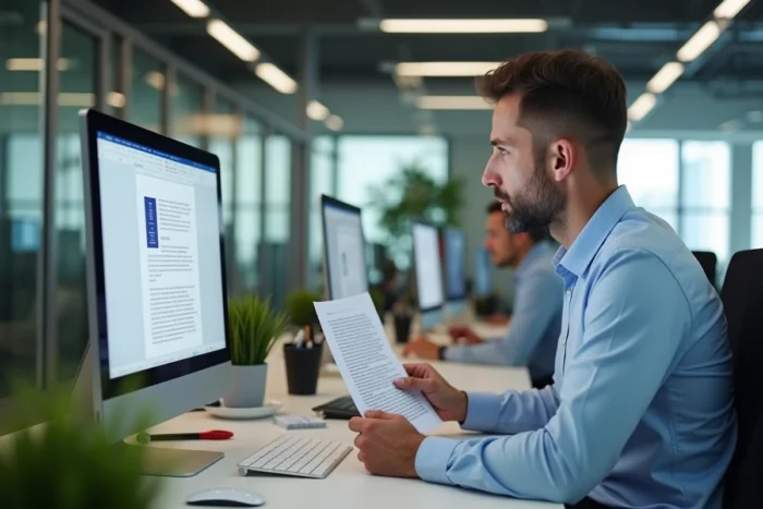 Homme en bureau professionnel comparant un document WordPad imprimé à un fichier Microsoft Word sur écran