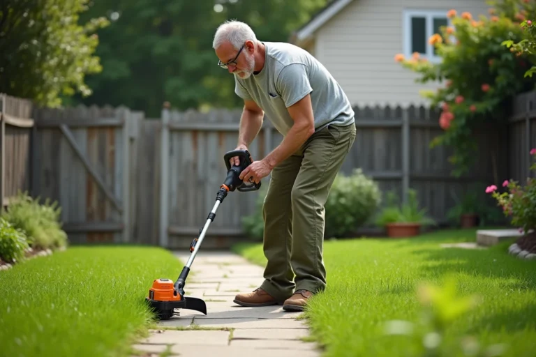 Homme utilisant un coupe-bordure à batterie le long d'une allée de jardin résidentiel