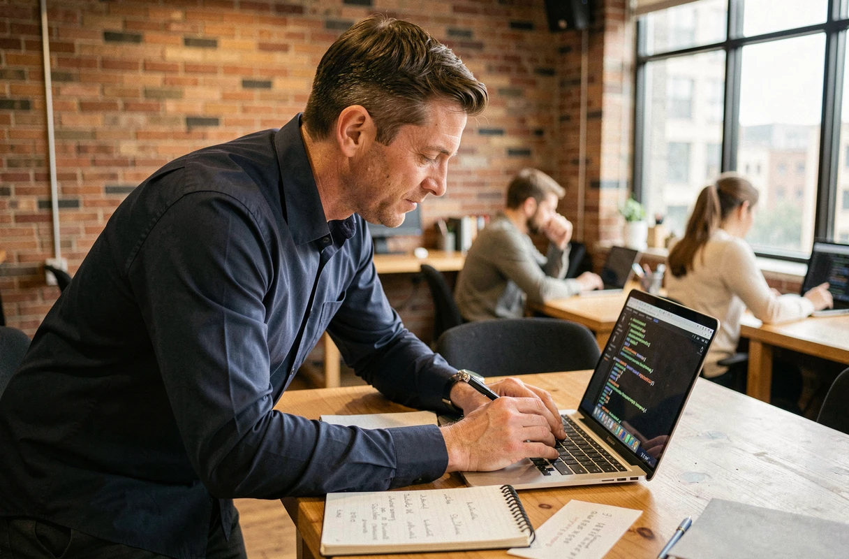 Un homme en co-working consulte une sitemap XML sur son ordinateur portable et prend des notes SEO pour améliorer le référencement