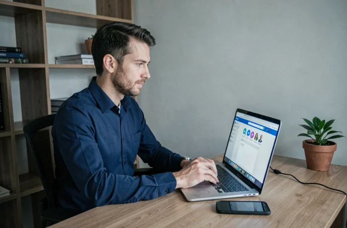 Homme dépannant un problème de connexion Messenger Facebook sur un ordinateur portable dans un bureau à domicile