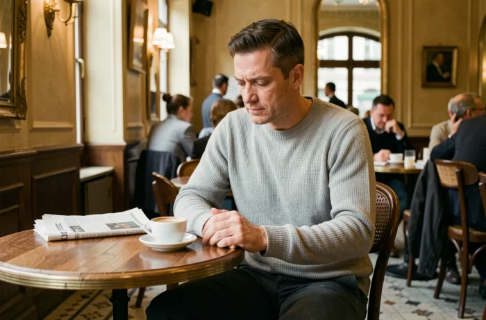 Homme pensif attablé dans une brasserie parisienne avec un café, symbolisant la discrétion et les confidences sur la vie privée