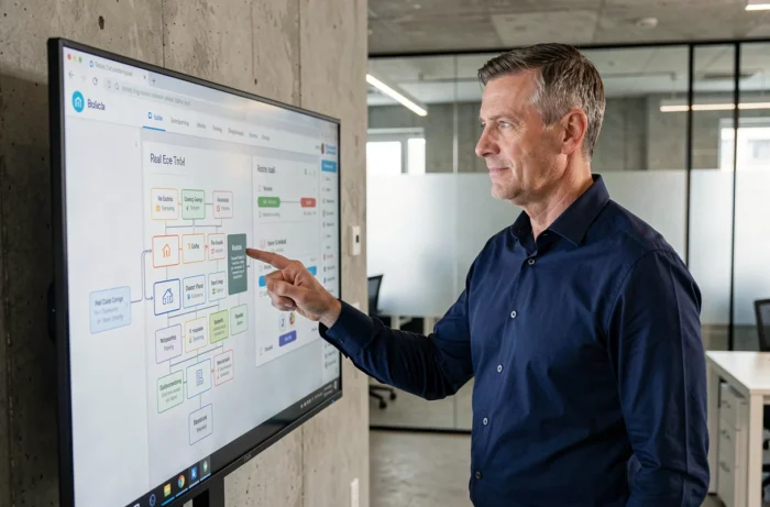 Homme professionnel interagissant avec un écran tactile affichant le plan de site d'une plateforme immobilière