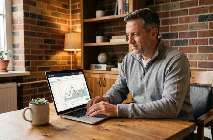 Homme consultant une plateforme d'investissement en ligne sur un ordinateur portable dans un bureau à domicile chaleureux