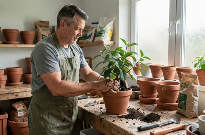 Homme en train de rempoter des plantes dans un atelier à la maison, activité de jardinage en intérieur