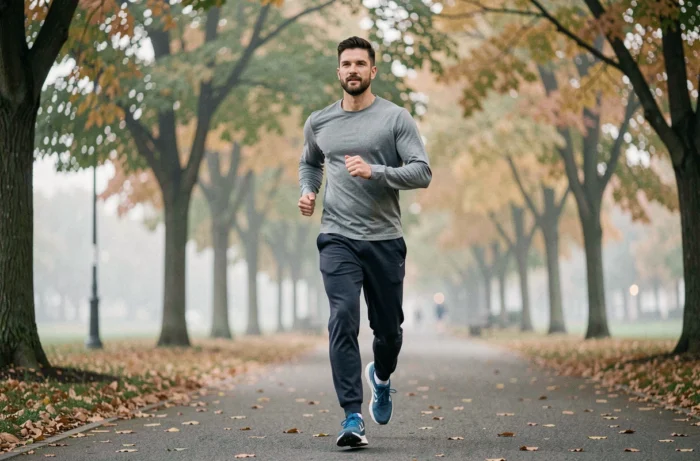 Homme faisant du jogging dans un parc urbain en automne dans le cadre d'une routine sportive pour perdre un kilo par semaine