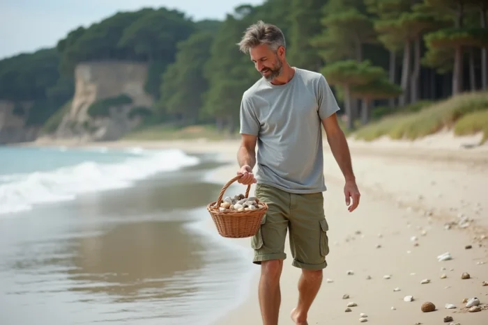 Homme tenant un panier de coquillages collectés sur une plage landaise avec forêt de pins en arrière-plan