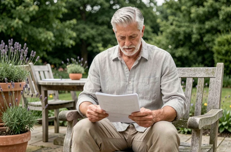 Homme d'une cinquantaine d'années qui examine des documents de retraite sur une terrasse en bois entourée d'un jardin verdoyant, symbolisant la retraite anticipée et la planification financière