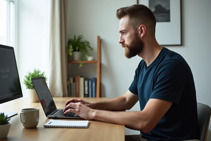 Homme consultant la plateforme de streaming en ligne Wookafr TV sur son ordinateur portable dans un bureau à domicile