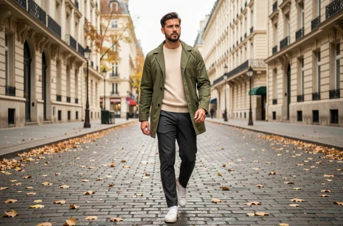 Homme élégant en manteau chore coat olive marchant dans une rue pavée parisienne en automne