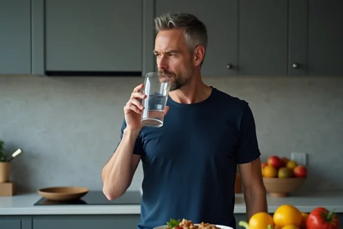 Homme buvant un grand verre d'eau avant le repas pour réduire l'appétit et contrôler les portions