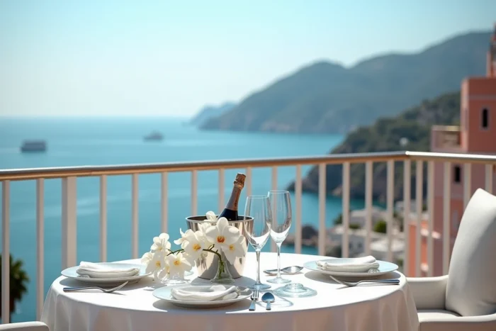 Table dressée avec vaisselle fine et champagne sur la terrasse d'un hôtel cinq étoiles à Monaco avec vue sur la Méditerranée