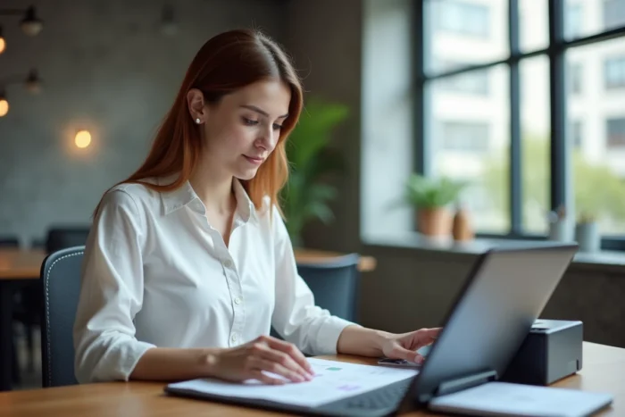 Jeune professionnelle imprimant une facture Carrefour téléchargée en ligne dans un espace de coworking moderne