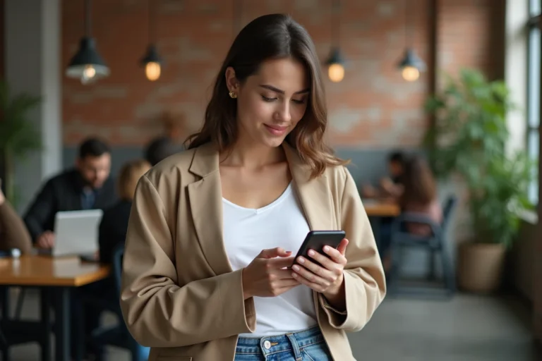 Jeune femme influenceuse consultant son smartphone dans un espace de coworking moderne, illustrant les tendances du marketing d'influence