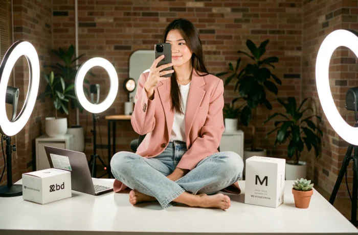Influenceuse lifestyle filmant du contenu depuis son studio à domicile minimaliste avec smartphone et packaging de marque