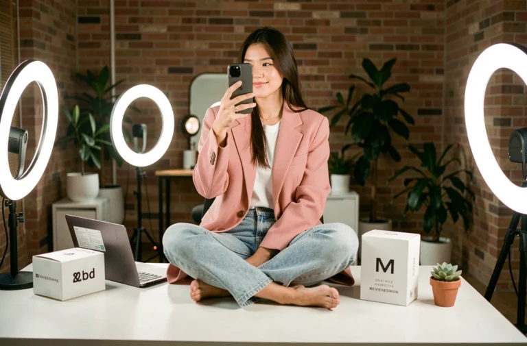 Influenceuse lifestyle filmant du contenu depuis son studio à domicile minimaliste avec smartphone et packaging de marque