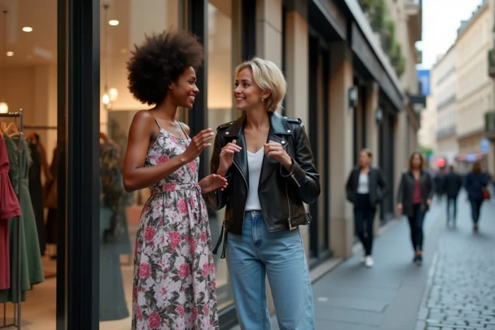Deux influenceuses mode discutant devant une boutique en ville, illustrant les collaborations et tendances dans le monde de l'influence