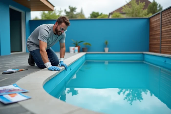 Homme inspectant la surface lisse et brillante d'une piscine rénovée avec de la peinture cobalt bleu après travaux