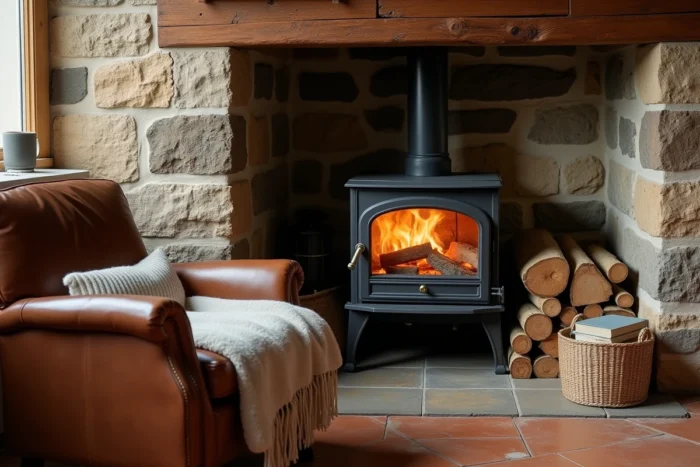 Intérieur chaleureux d'une maison en pierre rénovée avec poêle à bois et fauteuil en cuir pour conserver la chaleur